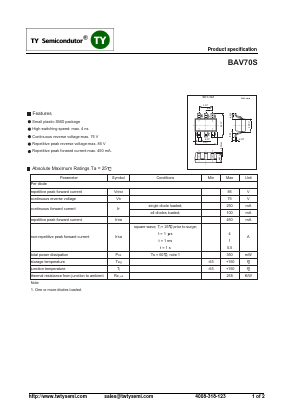BAV70S Datasheet PDF TY Semiconductor