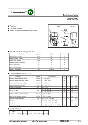 3DD13007 Datasheet PDF TY Semiconductor