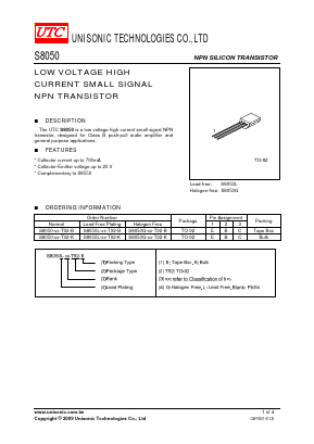 S8050L-XX-T92-B Datasheet PDF Unisonic Technologies