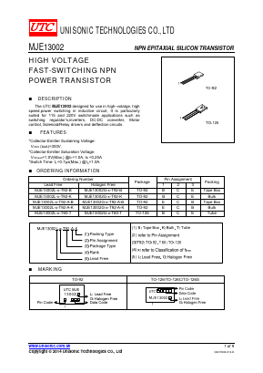 MJE13002L-X-T92-A-K Datasheet PDF Unisonic Technologies
