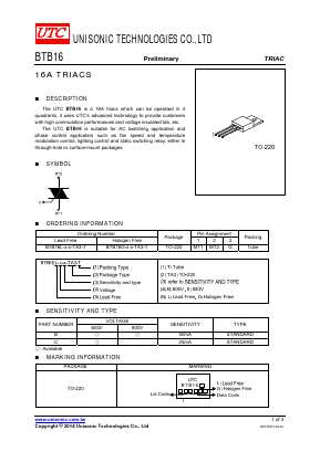 BTB16G-8-C-TA3-T Datasheet PDF Unisonic Technologies