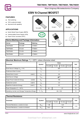 P7N65H Datasheet PDF Wuxi Unigroup Microelectronics Company