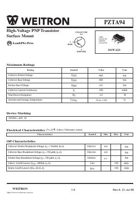 PZTA94 Datasheet PDF Weitron Technology
