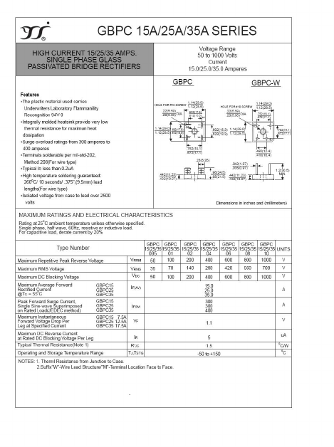 GBPC1510W Datasheet PDF Yangzhou yangjie electronic co., Ltd