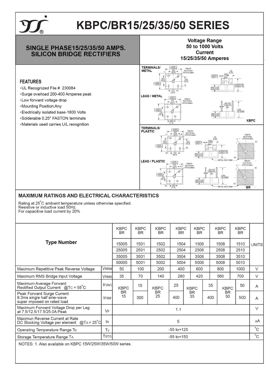 BR1508 Datasheet PDF Yangzhou yangjie electronic co., Ltd