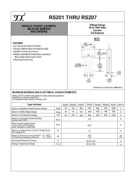 RS203 Datasheet PDF Yangzhou yangjie electronic co., Ltd