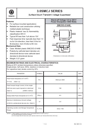 3.0SMCJ43CA Datasheet PDF YENYO TECHNOLOGY Co., Ltd