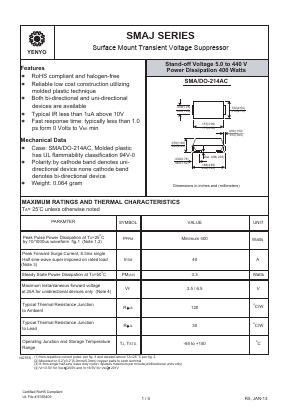 SMAJ43CA Datasheet PDF YENYO TECHNOLOGY Co., Ltd