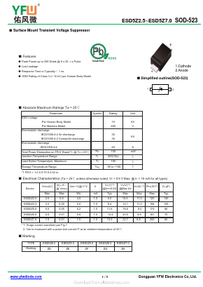 ESD5Z7.0 Datasheet PDF DONGGUAN YOU FENG WEI ELECTRONICS CO., LTD