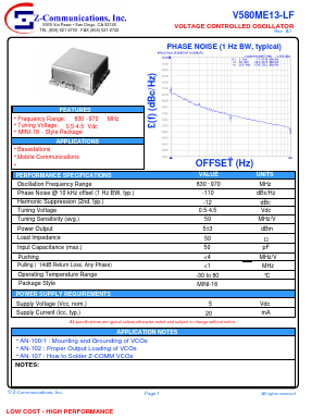 V580ME13 Datasheet PDF Z-Communications, Inc