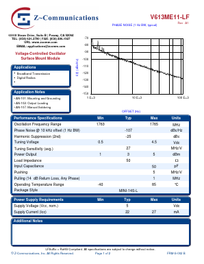 V613ME11-LF Datasheet PDF Z-Communications, Inc