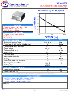 V610ME08 Datasheet PDF Z-Communications, Inc